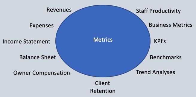 Describes the variables that go into types of metrics, productivity, KPI's, Financials, Client Retention